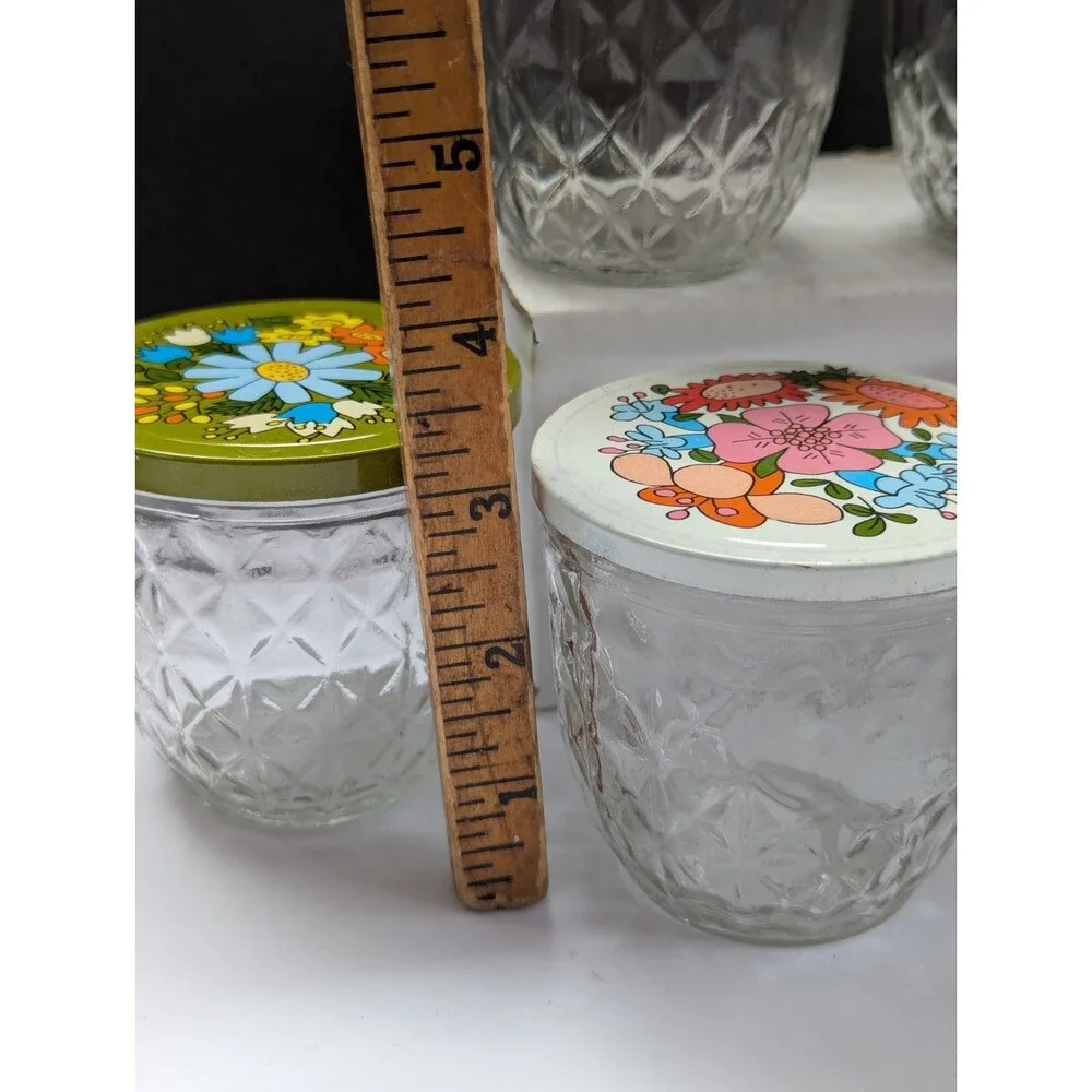 VTG 8 Ball Quilted Crystal Glass Jelly Jars with Metal Flower Lids 1970s